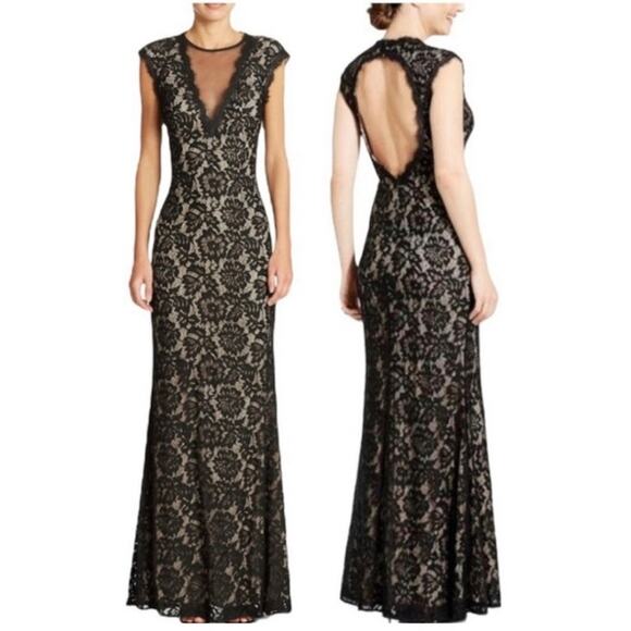 Betsy & Adam Maxi Mermaid Lace Dress Formal Cut Out Back Lined Size 6 Black Nude - Picture 1 of 16